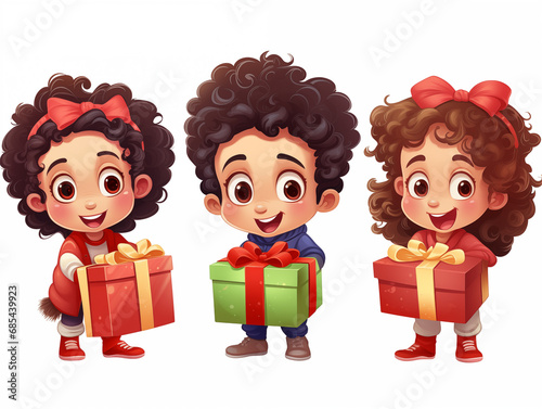 Children in the atmosphere of the New Year's holiday. Joyful children with Christmas presents near the Christmas tree at home. In 3D cartoon style