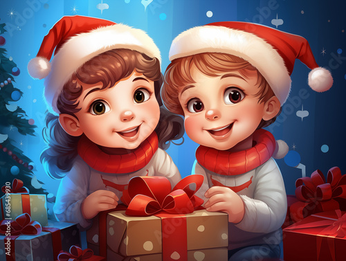 Children in the atmosphere of the New Year's holiday. Joyful children with Christmas presents near the Christmas tree at home. In 3D cartoon style