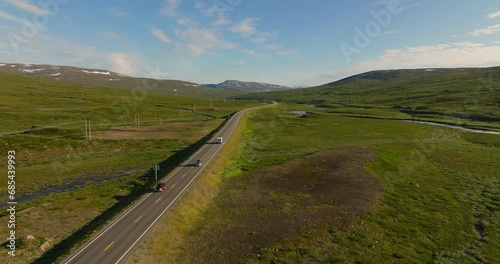 Saltfjellet mountain pass on highway E6, Norland County, Norway. Aerial photo