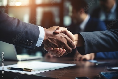 Close up handshake between executives sealing deals with mutual trust and partnership. Generative AI. photo