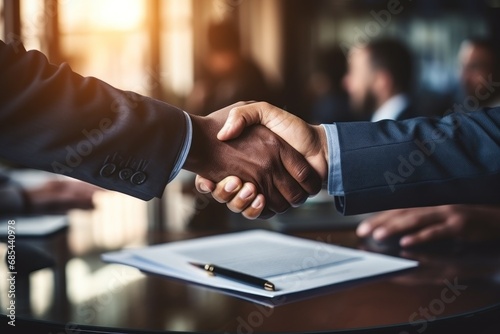 Close up handshake between executives sealing deals with mutual trust and partnership. Generative AI. photo