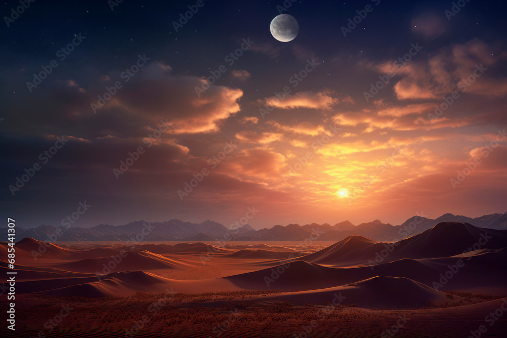 A vast desert dune field illuminated by the soft light of a full moon.
