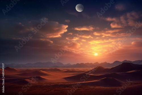 A vast desert dune field illuminated by the soft light of a full moon.