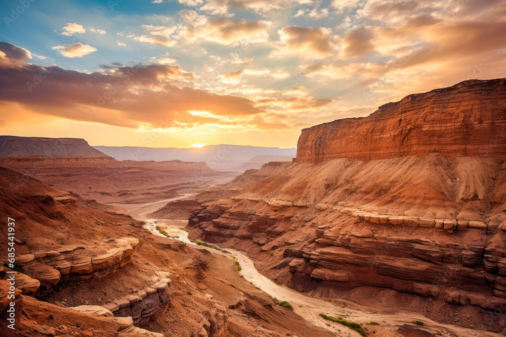 A canyon bathed in the warm colors of a sunset, with dramatic rock formations.