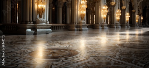 Dramatic lighting emphasizing the depth and beauty of an intricately patterned marble floor