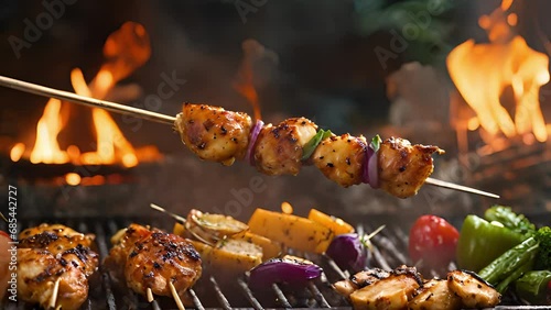 Closeup skewer loaded with colorful vegetables juicy chicken, rotating spit over flickering flames fireplace. vegetables charred caramelized, chicken cooked golden crispy exterior. photo