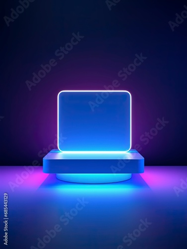 Abstract neon banner with pedestal. 3d podium with blue neon square. Abstract background for promotion goods, with blank space, copy spac and generative ai