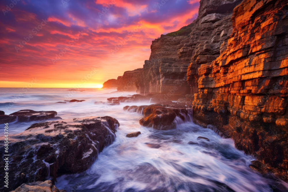 A coastal cliff at sunrise, with waves crashing against the rocks and the sky painted in hues of pink and orange.
