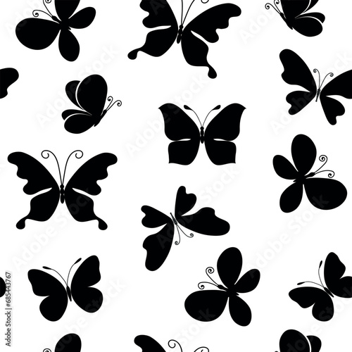Vector seamless monochrome pattern with black doodle butterflies on the transparent background photo