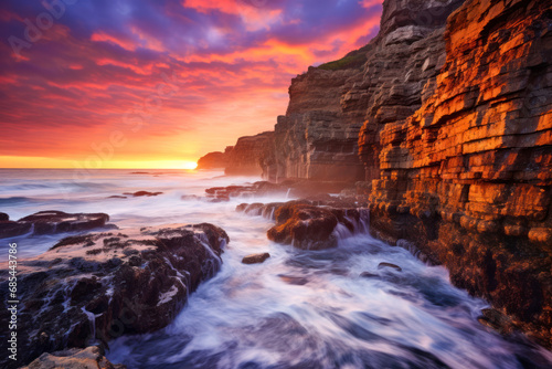 A coastal cliff at sunrise  with waves crashing against the rocks and the sky painted in hues of pink and orange.