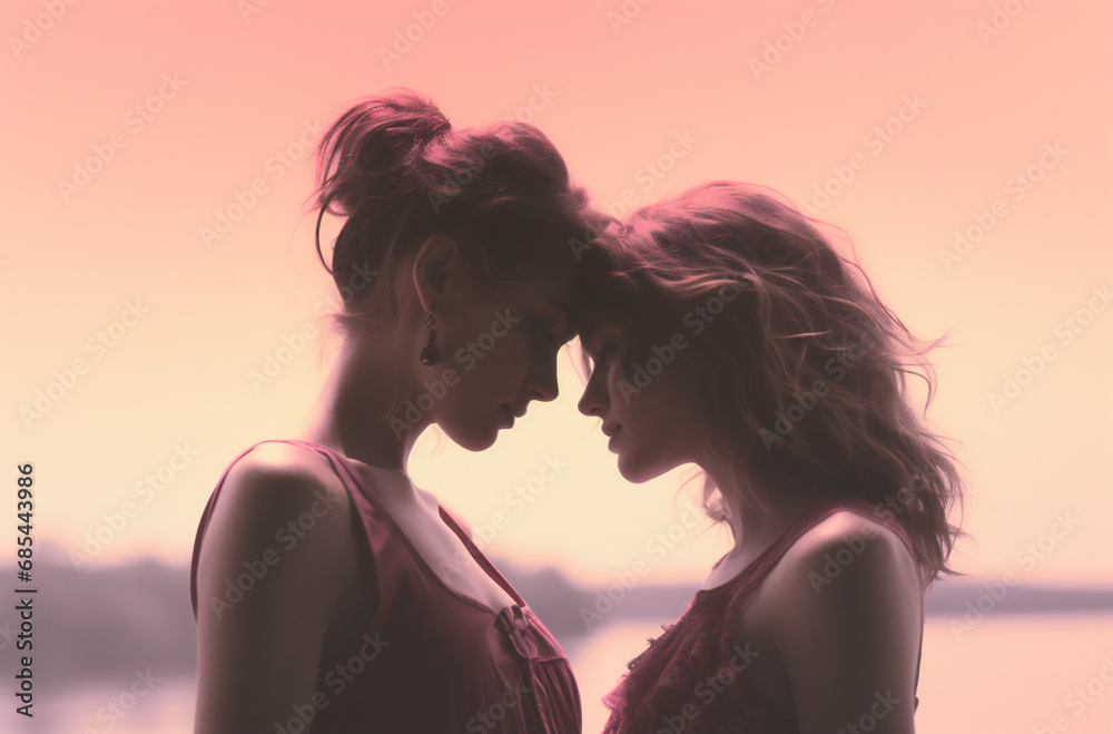 Portrait of two beautiful young women in the fog on the lake Portrait of two beautiful young women in the fog on the lake