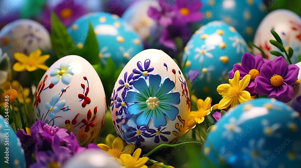 Colorful Easter eggs in flower field