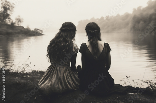 Two girls sitting on the bank of a lake, back view.