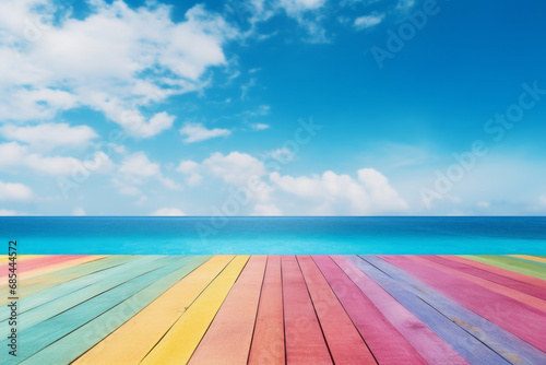 Empty wooden deck painted in colorful seven colors and tropical beach ocean and blue sky with clouds. Concept for woodworking products and DIY such as wooden table and wood planks.