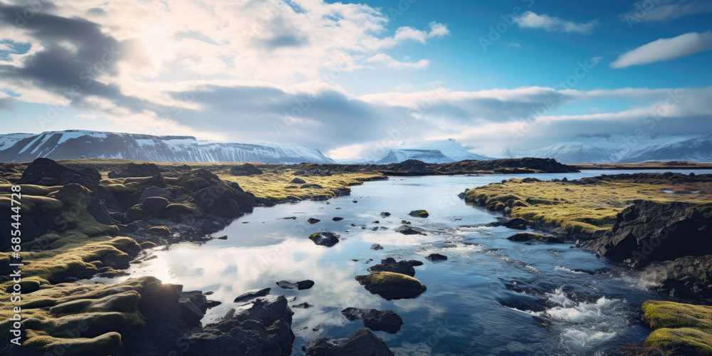 Iceland. Landscape photography with heavy moody clouds, huge mountains and crystal water