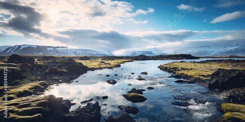 Iceland. Landscape photography with heavy moody clouds, huge mountains and crystal water