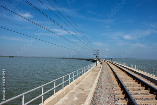 View landscape reservoir and track railway floating in Khuean Pasak Chonlasit Dam for train cross Pa Sak Jolasid dam send receive thai people travelers travel visit at Khok Salung in Lopburi  Thailand