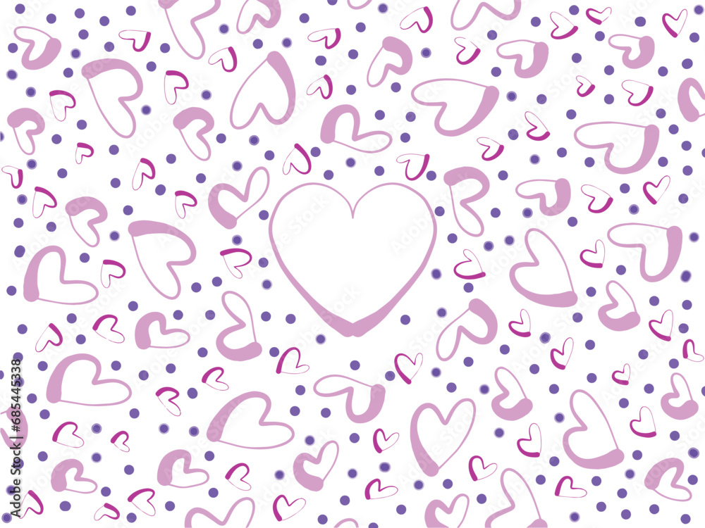 A pattern of purple hearts and dots on a white background