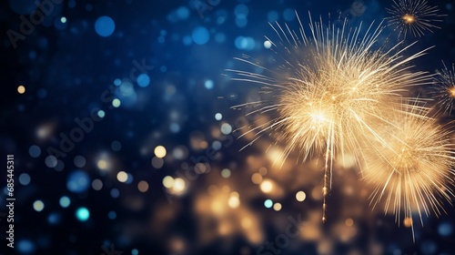 Gold fireworks on dark blue and bokeh background