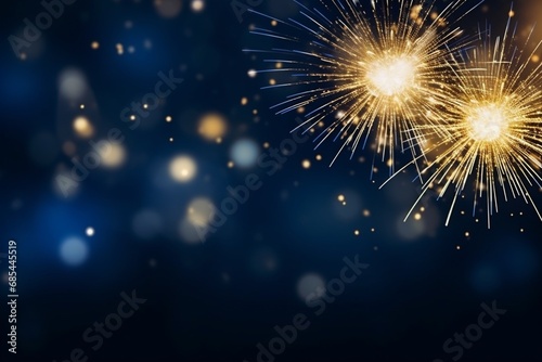 Gold fireworks on dark blue and bokeh background