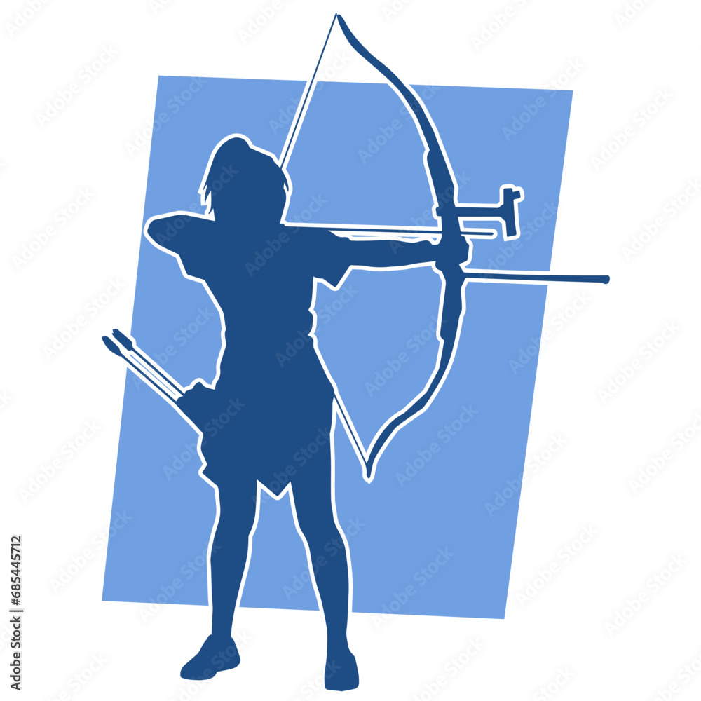 Silhouette of a male archer warrior in action pose. Silhouette of a man fighter carrying archery weapon.
