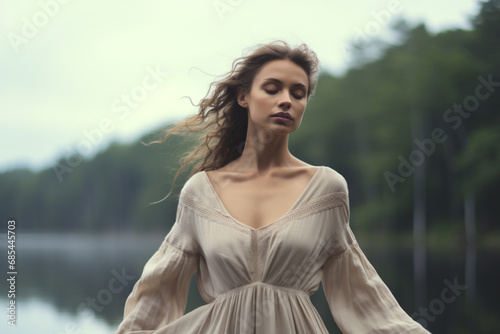  A young woman emanates timeless elegance, standing gracefully in a flowing monochrome dress blending cream and dove-gray hues. The serene nature-inspired backdrop enhances the scene's beauty 