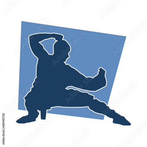 Silhouette of a man in oriental martial art pose. Silhouette of a male in martial art move.