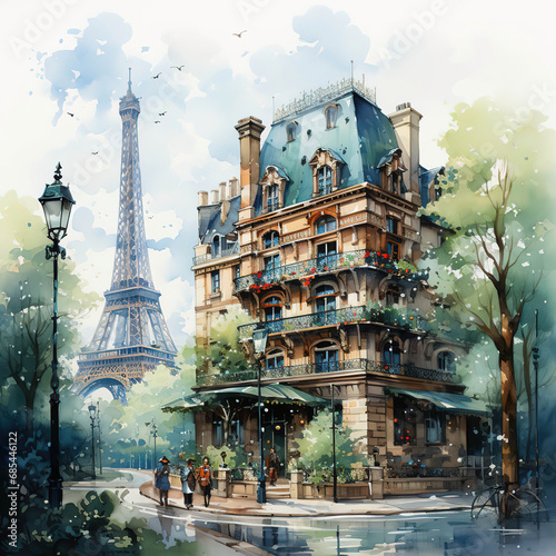 Watercolor Illustration of a Luxurious French Mansion