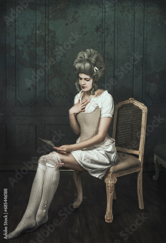 Obraz na plátně 18th century woman wearing underwear sitting on a chair reading a love letter