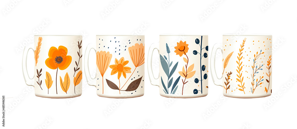 Fototapeta premium Illustration of coffee mugs with delicate minimalist floral design on isolated transparent background