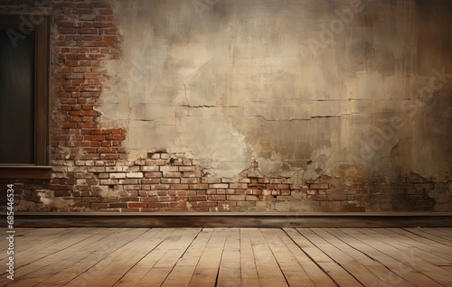 Empty Room eith Brick Wall and Wooden Floor