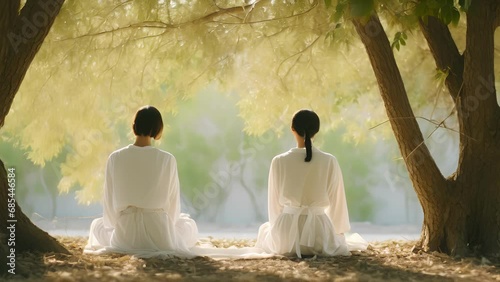 Two Asian women both dd in crisp white robes sit side by side in the shade of a tree. They maintain their peaceful meditation ignoring the distractions of everyday life. With their photo