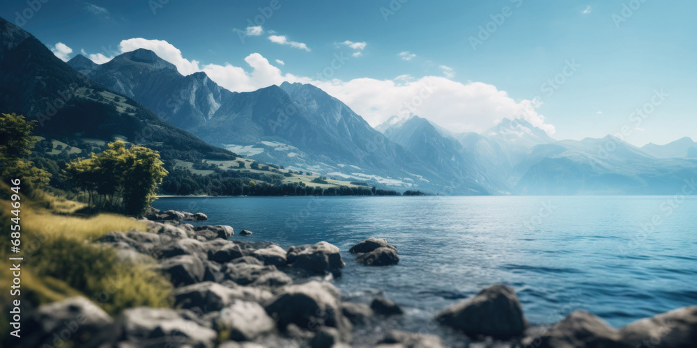 Fototapeta premium Landscape panorama - mountains and sea shore, lakes and dramatic clouds, nature photography