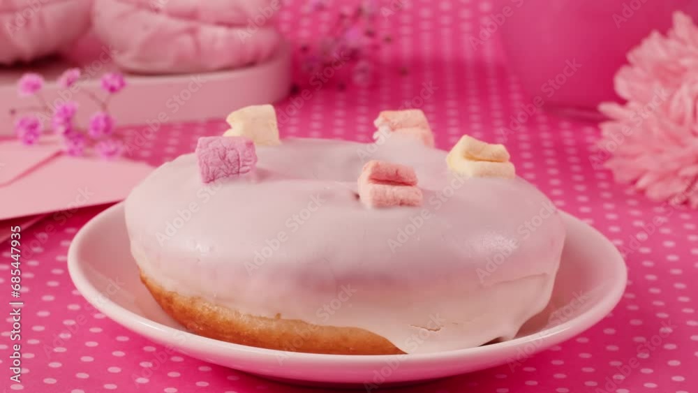 Pink background bento cake, birthday barbie style table for tea ceremony, girl fashion food background, top view.