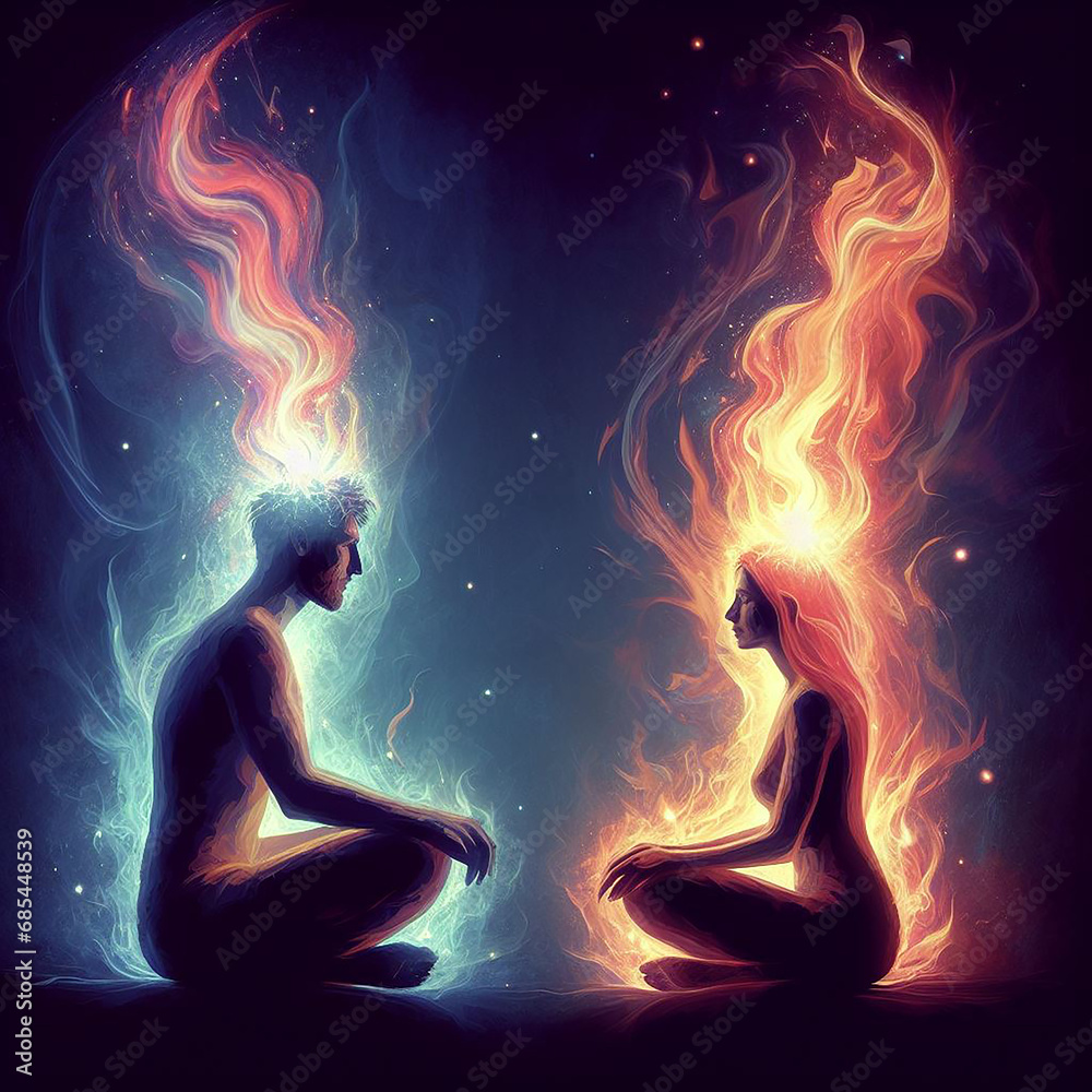 Twin flame couple. Soulmates. The concept of magical, esoteric, tantric, spiritual love. Connection between souls. Illustration for websites and much more. Created using generative ai tools. - obrazy, fototapety, plakaty 