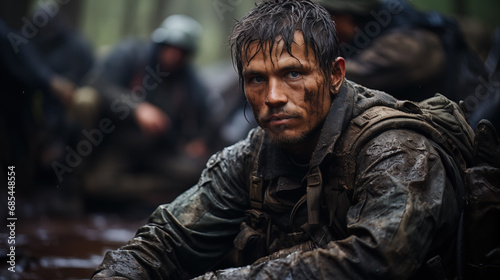 Fighter in Trench, Soaked in Mud, Staring Wearily at Camera