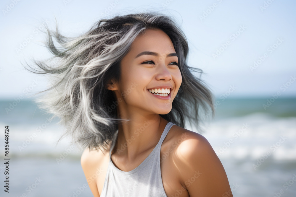 Beautiful grey hair asian woman smiling with smooth face skin. Beautiful grey hair asian woman smiling with smooth face skin.