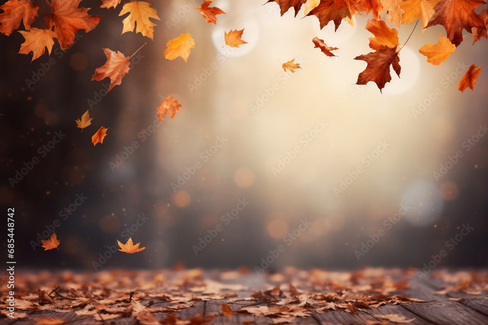 Colorful leaves in Autumn season with blurred background and copy space.