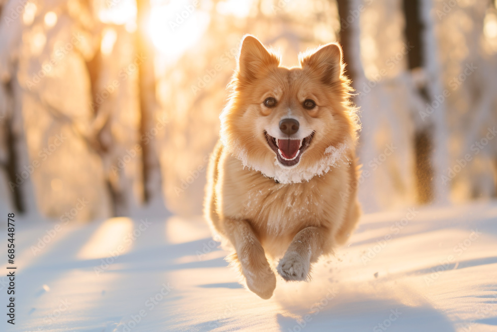Cute dog playing and run in snow Cute dog playing and run in snow
