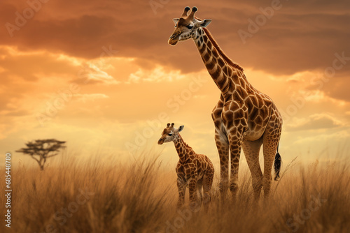 Giraf mom with baby wildlife animal in africa with savanna background