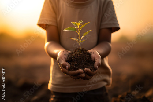 A child holding a young plant on hands with sun light background.