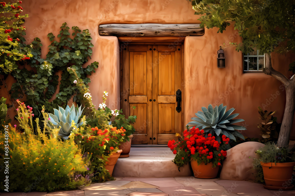 Obraz premium wooden door in beautiful pueblo style adobe home