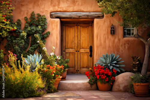 wooden door in beautiful pueblo style adobe home photo