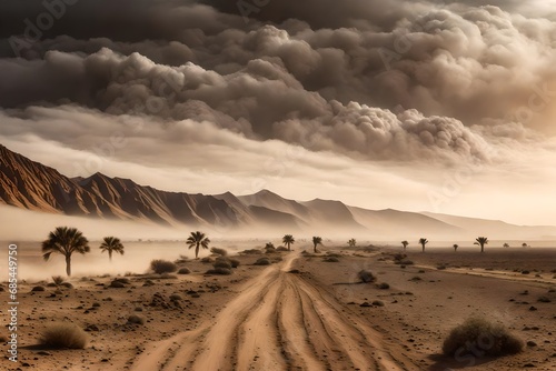 landscape in the desert with trees and dark clouds