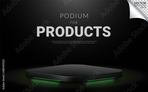 Black scene square podium with green neon free space for products on black studio background. Vector Illustration