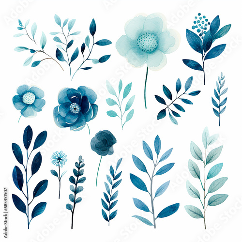Muestra ilustrada de varias flores azules y verdes generado por ia photo