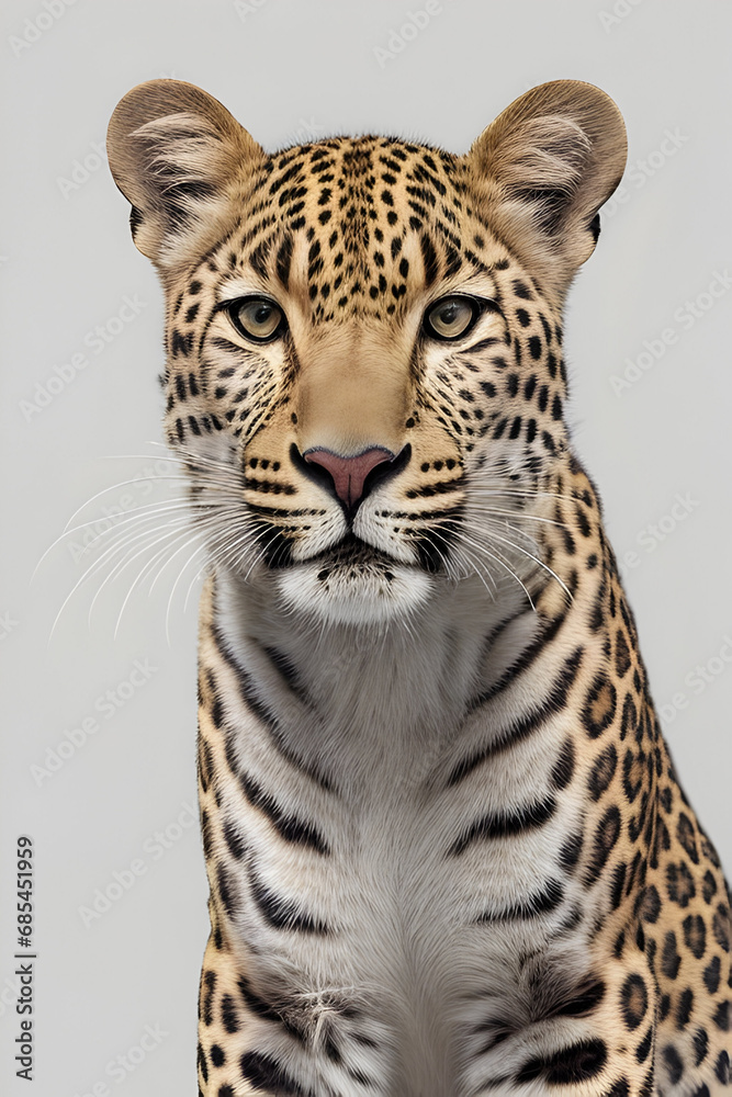 Obraz premium Portrait of a leopard in front of a gray background.