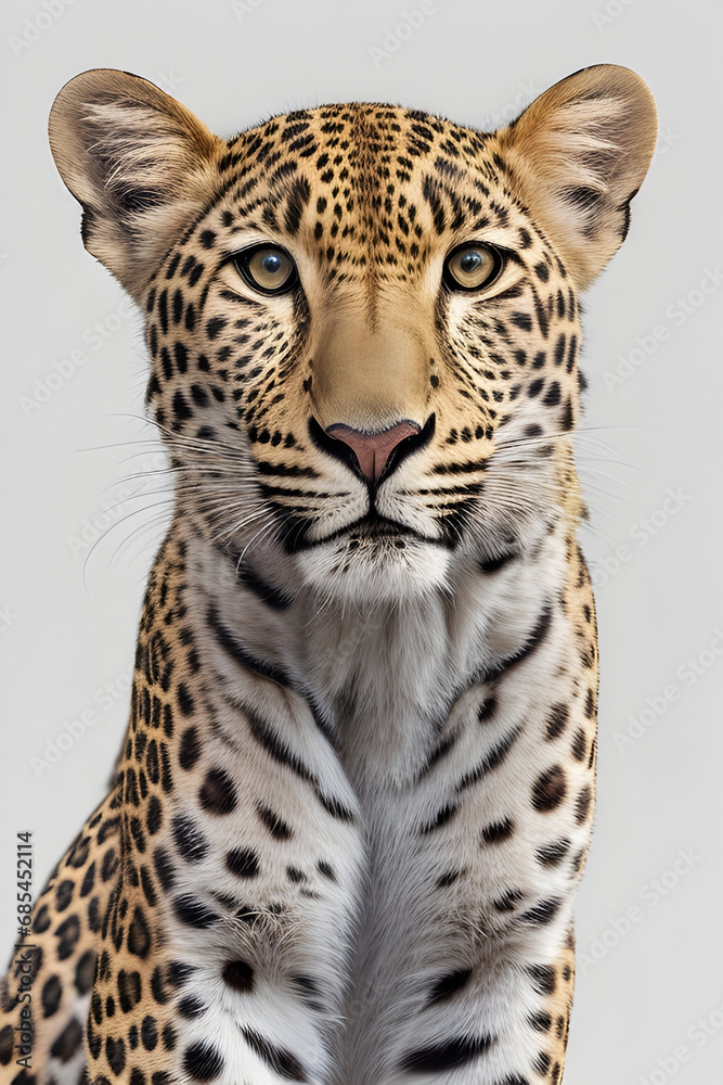 Obraz premium Portrait of a leopard in front of a gray background.