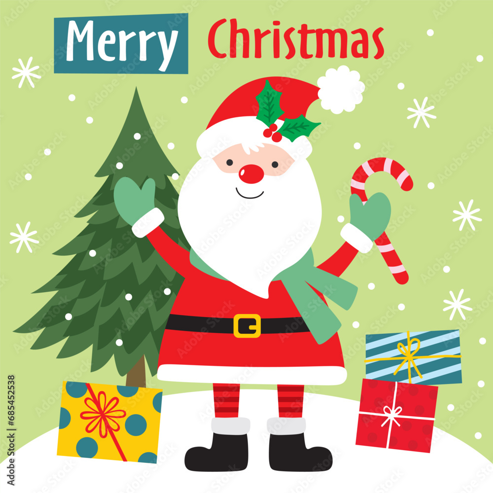Cute Santa Claus with Christmas Tree and candy cane Cute Santa Claus with Christmas Tree and candy cane