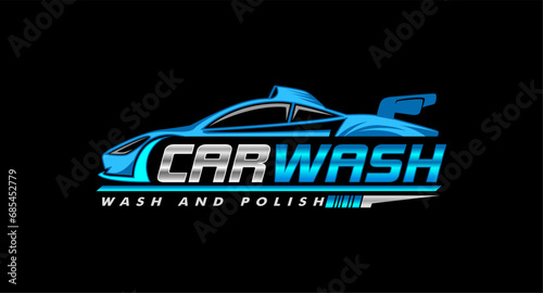 car wash Auto detailing vector logo Carwash spa Automotive automobile logo design template blue white, silver isolated on a dark background